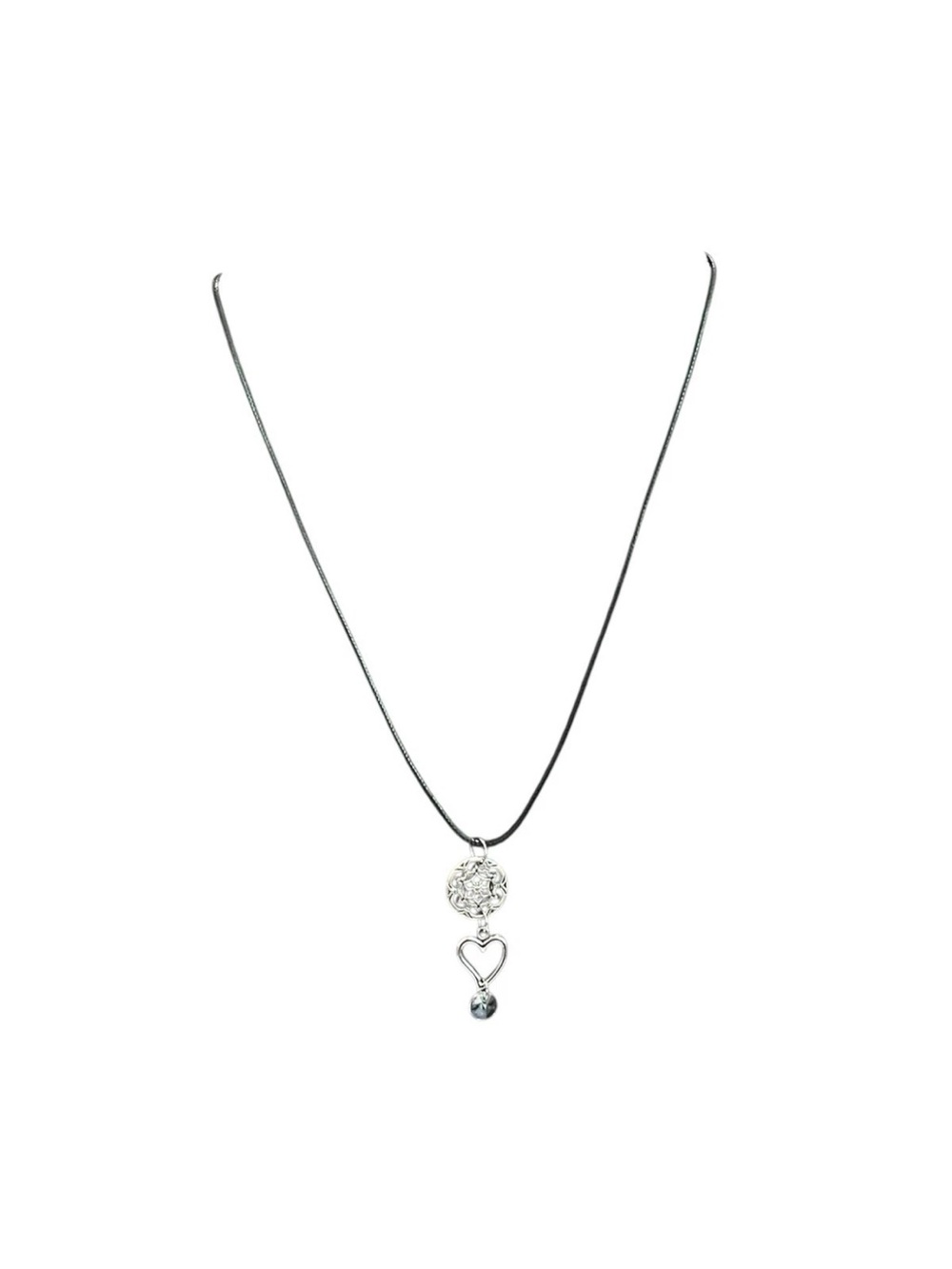 Silver Tone Filigree Mandala Heart Pendant Black Cord Necklace Boho Dangle Drop